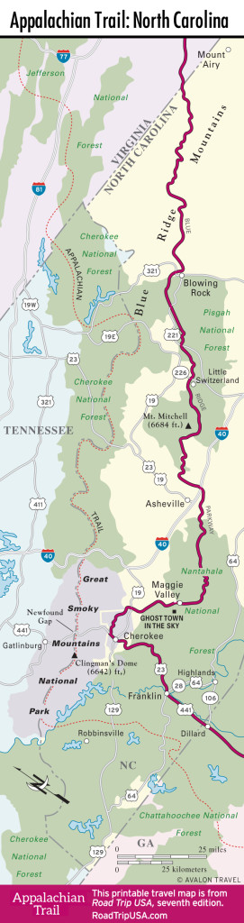 Map of Appalachian Trail through North Carolina.