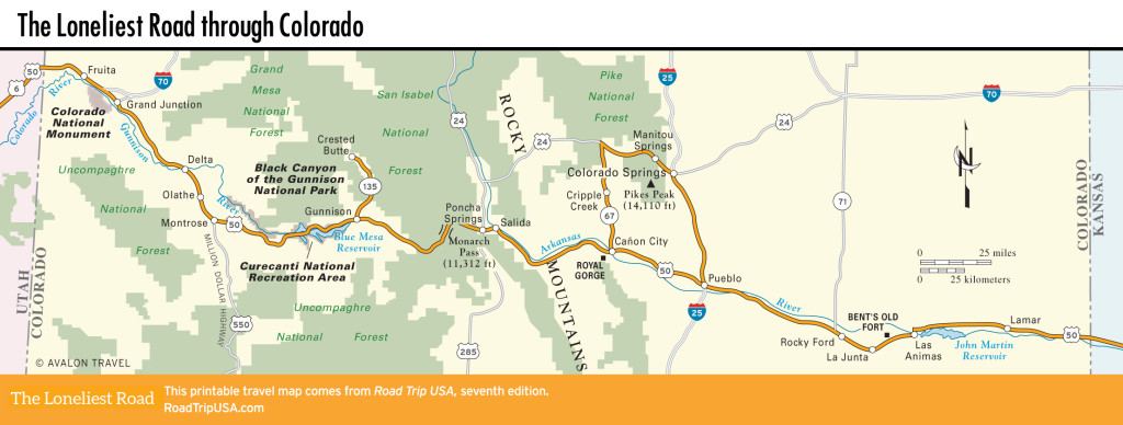 Map of the Loneliest Road through Colorado.