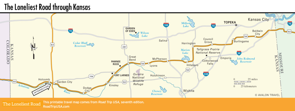 Map of the Loneliest Road through Kansas.