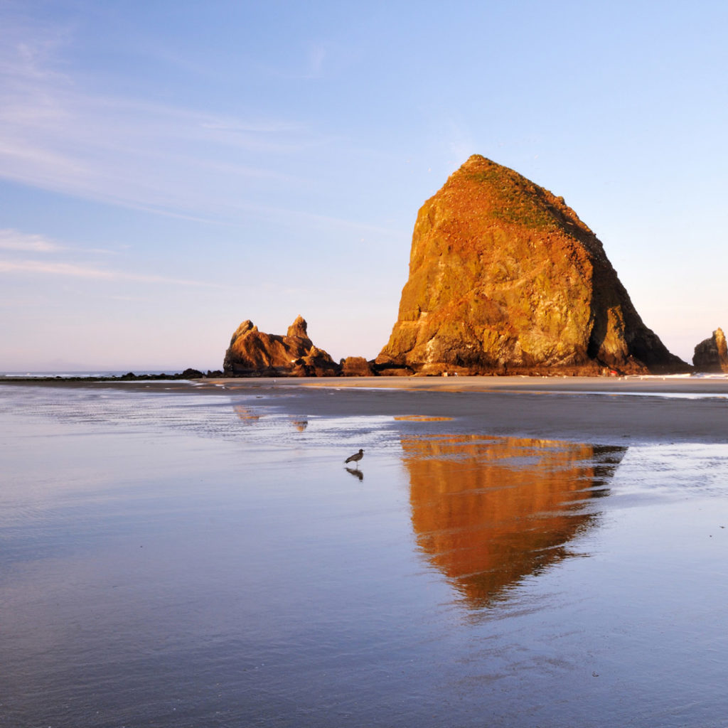 Sunset turns Haystack Rock in Cannon Beach a warm orange.