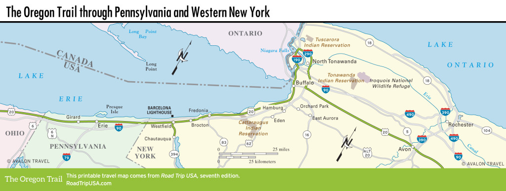 Map of the Oregon Trail through Pennsylvania and Upstate New York.