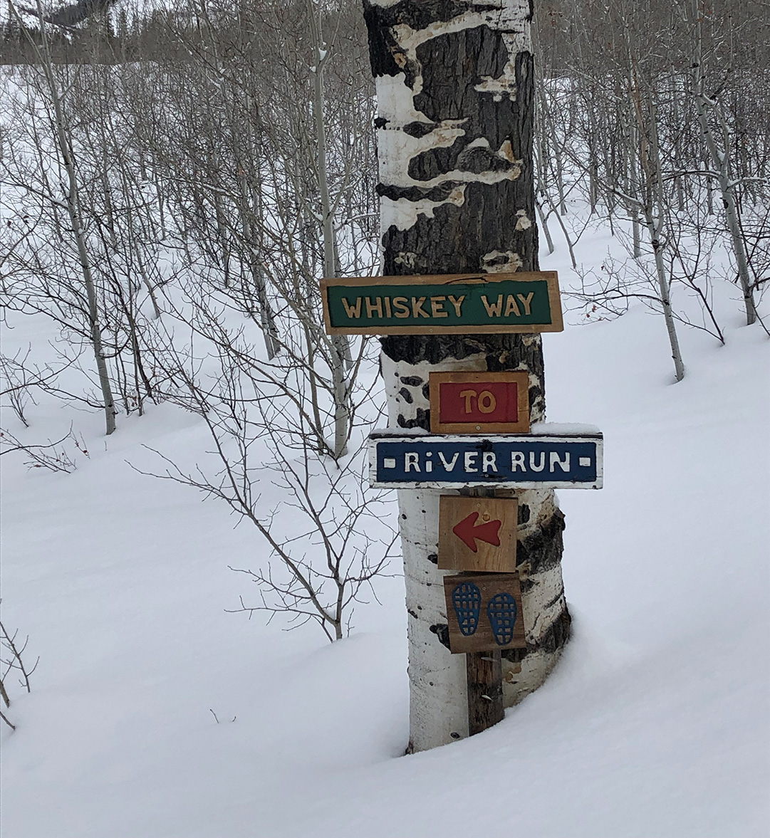 Trail sign on a tree reading whiskey way to river run.