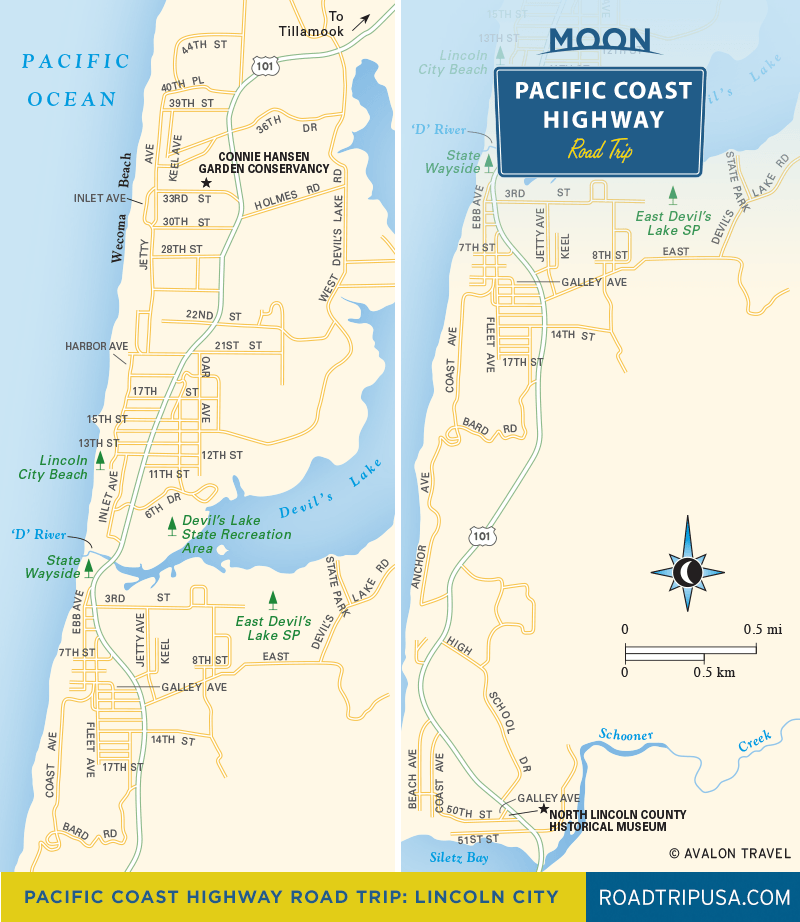 Travel map of Lincoln City Oregon from Moon Pacific Coast Highway Road Trip travel guide